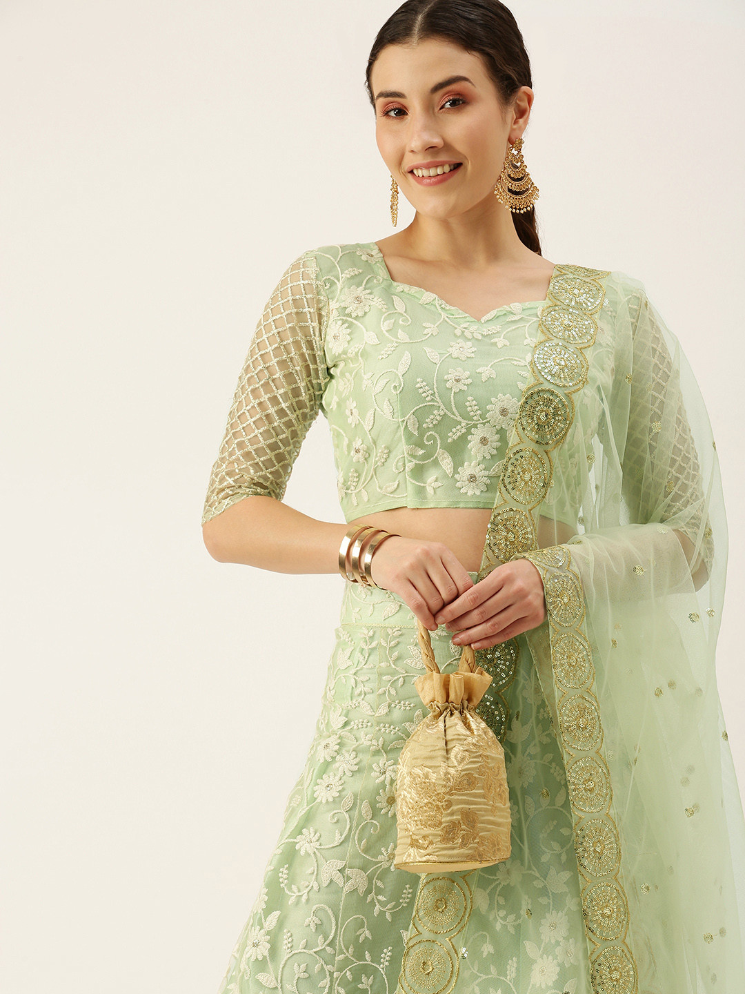 

Mameraa Green Embroidered Sequinned Semi-Stitched Lehenga & Unstitched Blouse With Dupatta
