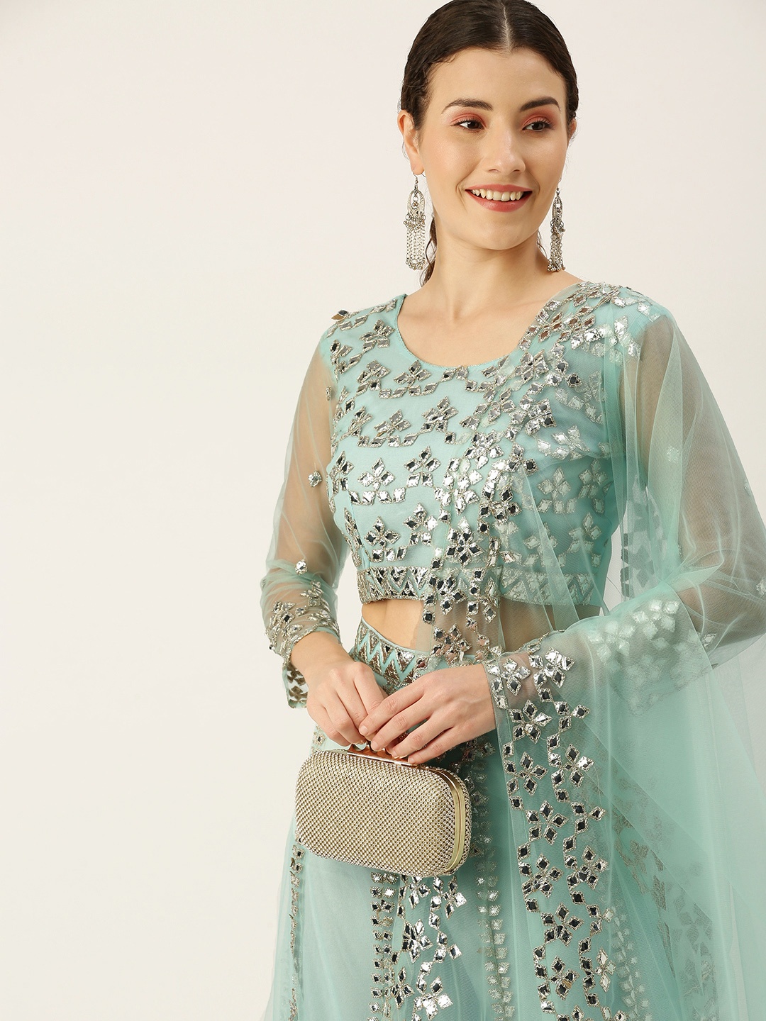 

Mameraa Blue Embroidered Mirror Work Semi-Stitched Lehenga & Unstitched Blouse With Dupatta