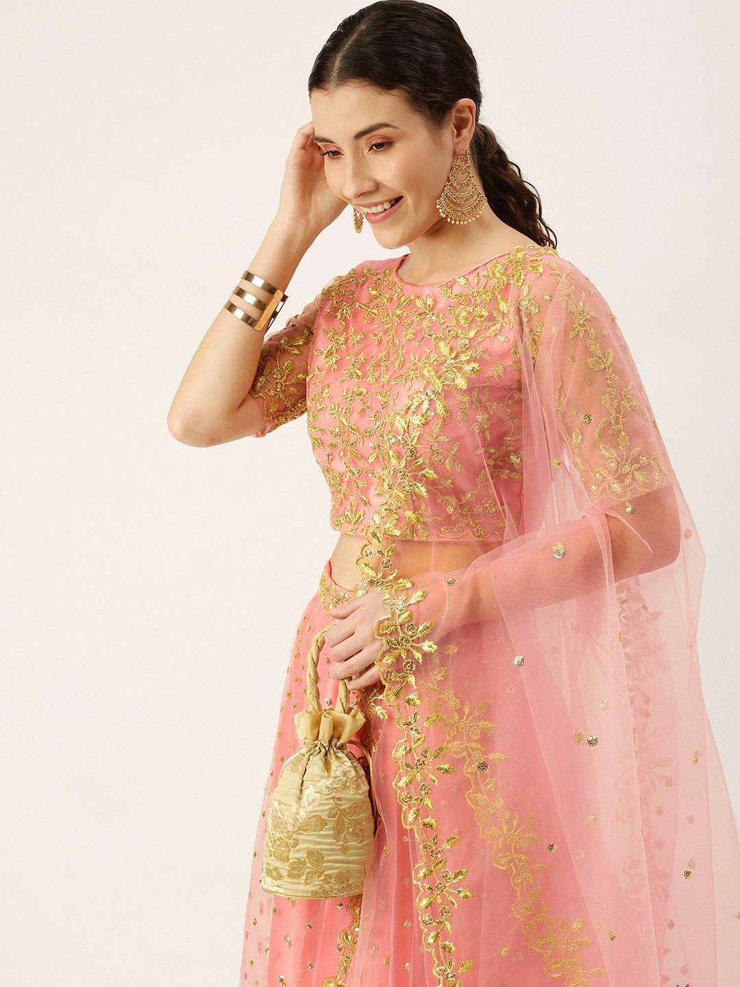 

Mameraa Pink Embroidered Thread Work Semi-Stitched Lehenga & Unstitched Blouse With Dupatta