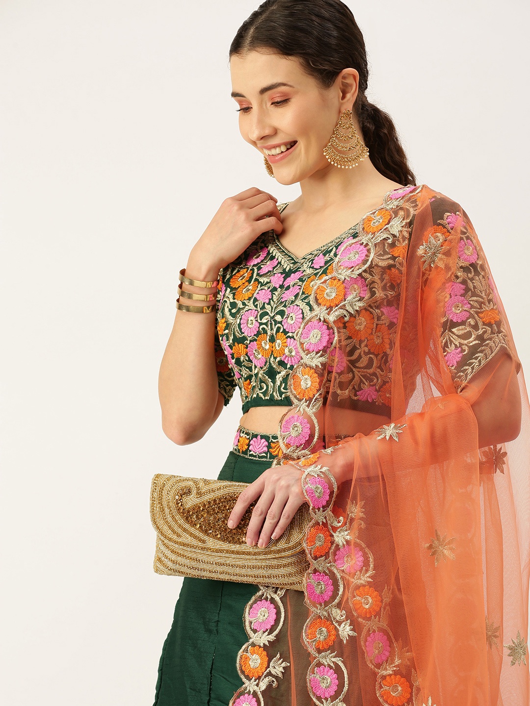 

Mameraa Green & Pink Embroidered Thread Work Semi-Stitched Lehenga & Unstitched Blouse With Dupatta