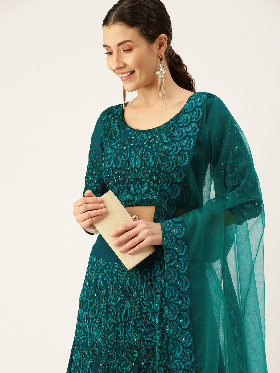 

Mameraa Teal Embroidered Thread Work Tie and Dye Semi-Stitched Lehenga & Unstitched Blouse With Dupatta