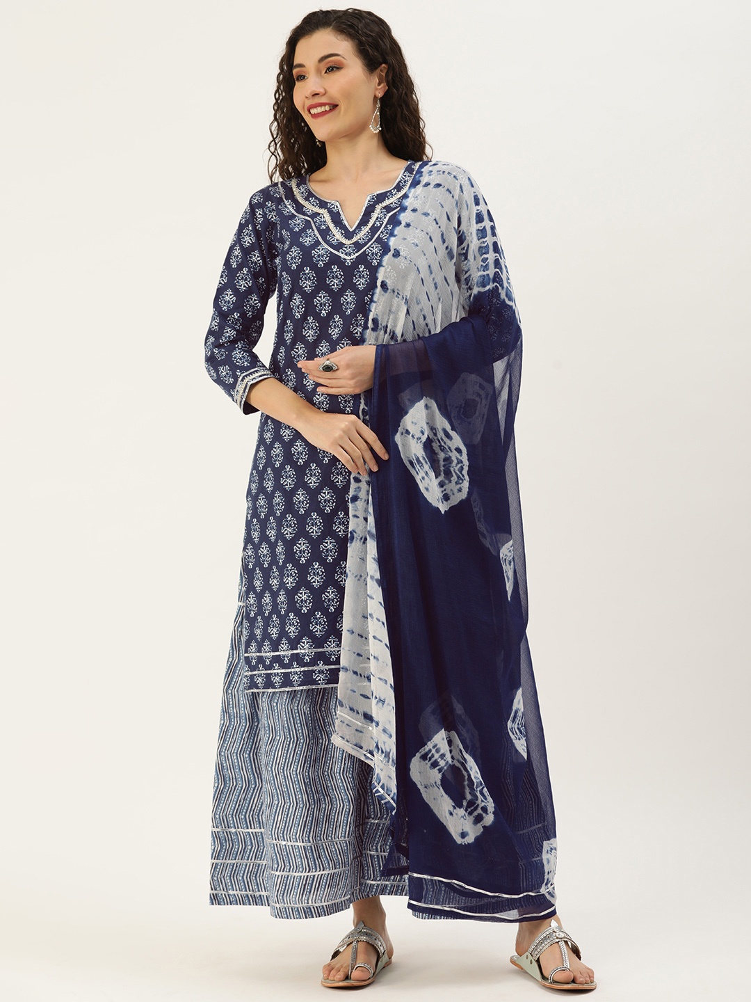 

Minora Women Blue Floral Yoke Design Pure Cotton Kurta with Sharara & With Dupatta