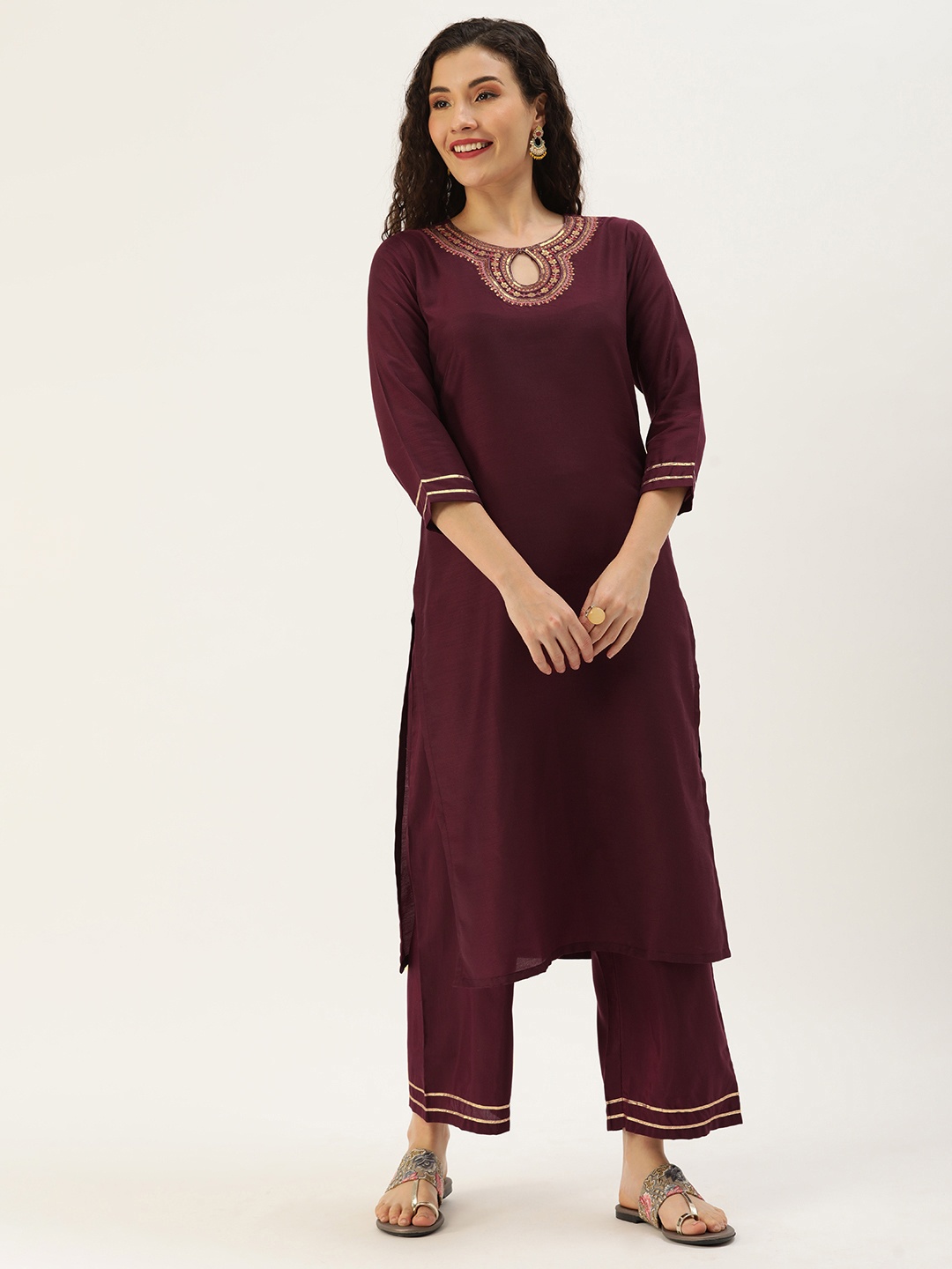 

Minora Women Maroon Floral Embroidered Kurta with Palazzos