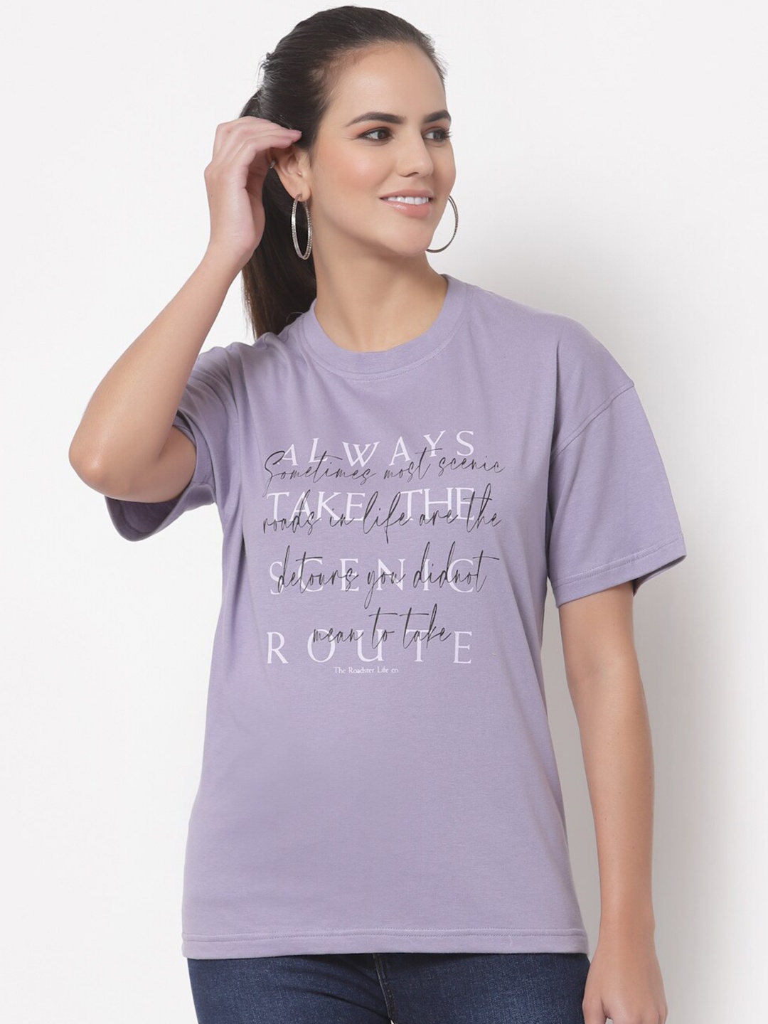

The Roadster Lifestyle Co Women Purple & White Printed Pure Cotton T-shirt