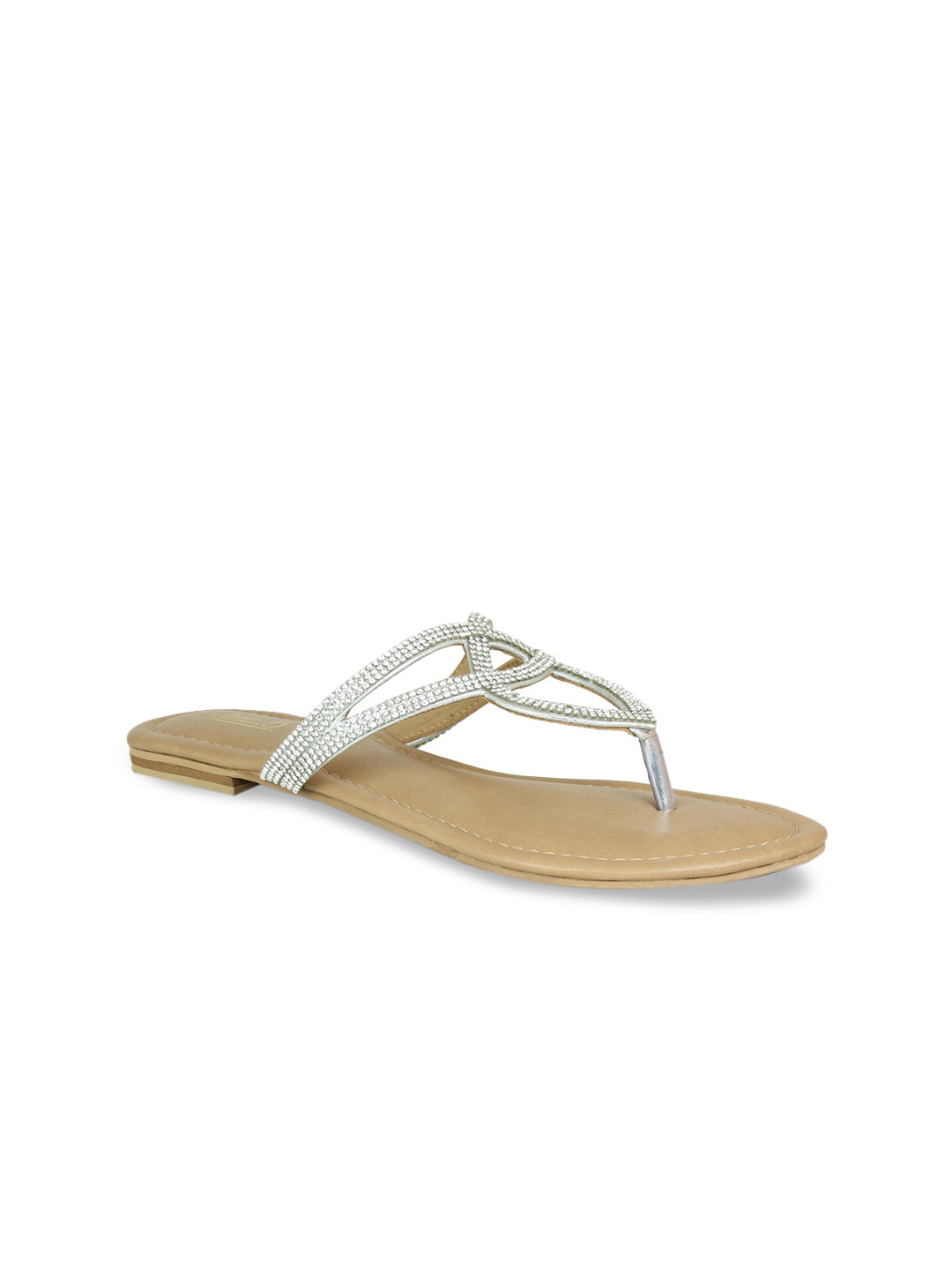 

Inc 5 Women Silver-Toned Embellished Leather Ethnic T-Strap Flats