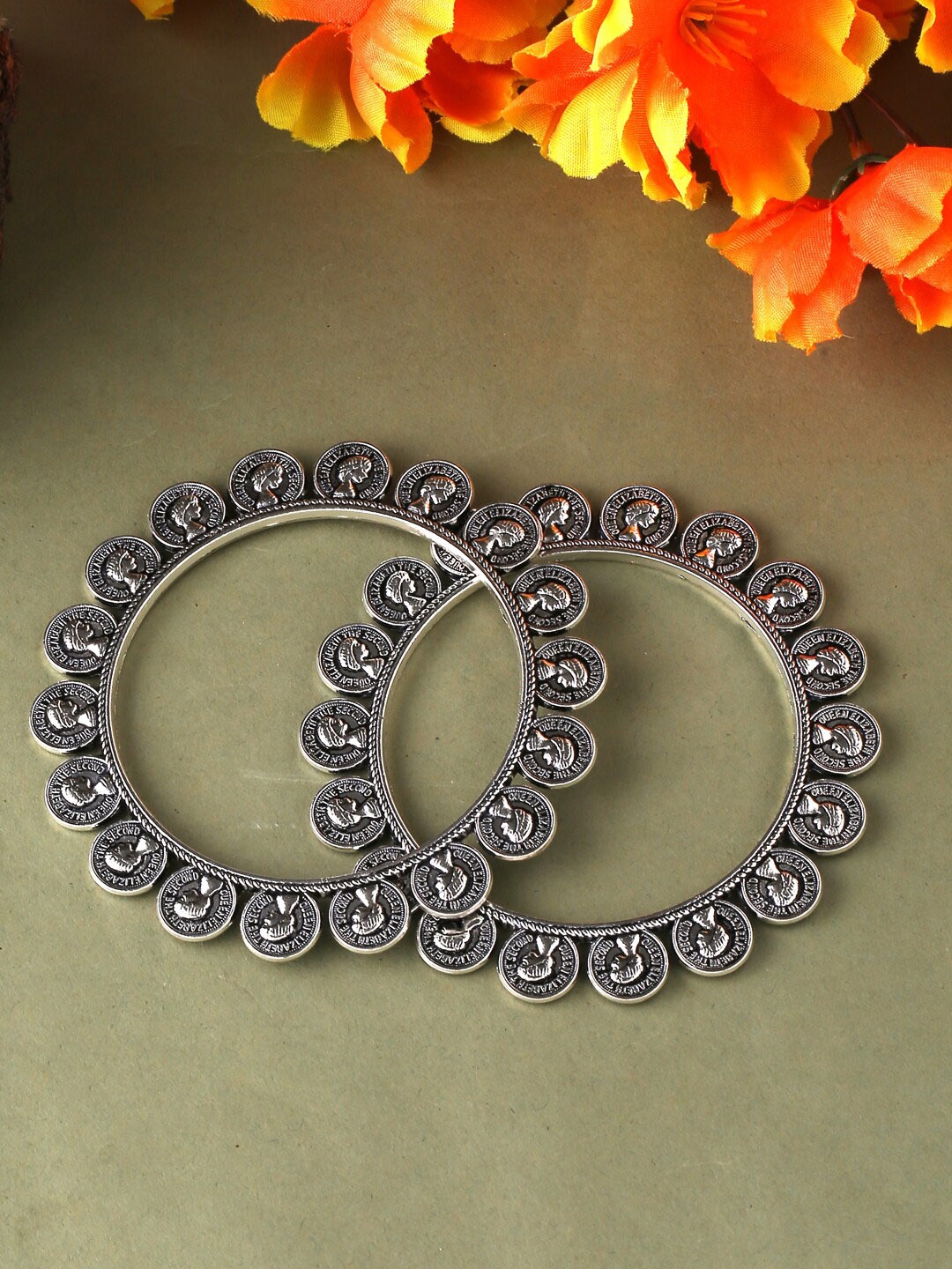 

VIRAASI Set Of 2 Silver Toned Textured Oxidised Bangles