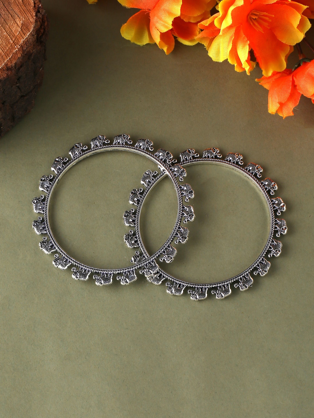 

VIRAASI Set Of 2 Silver-Toned Textured Oxidised Bangles