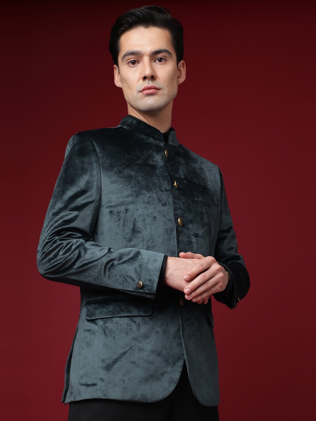 

RARE RABBIT Men Core Slim Fit Solid Single Breasted Slim-Fit Nehru Jacket, Green