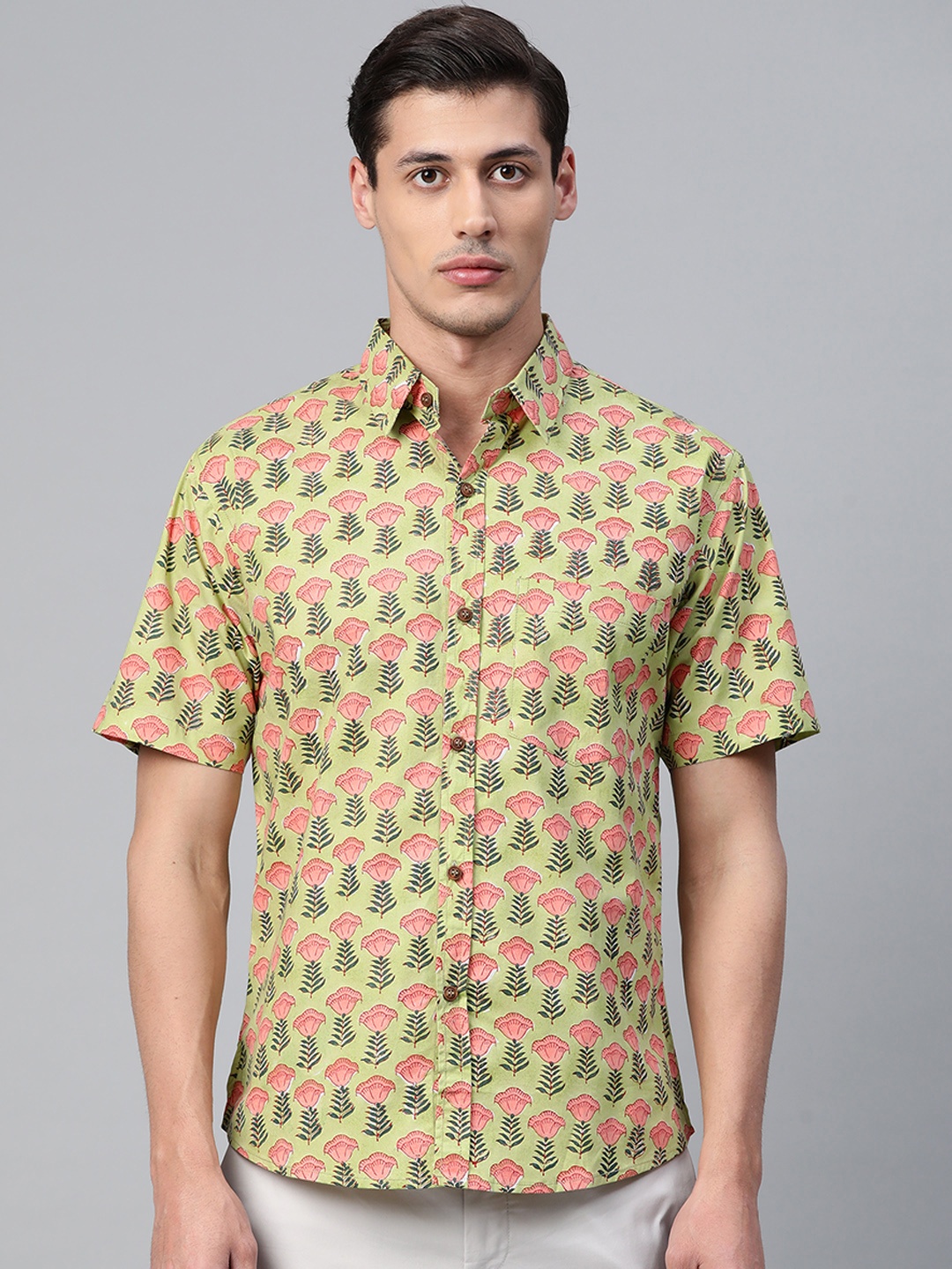 

Hatheli Men Green & Pink Floral Hand Block Printed Casual Shirt