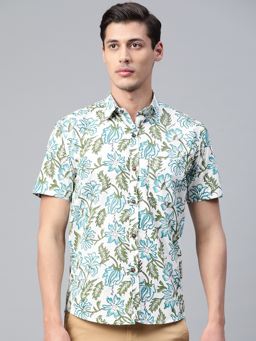 

Hatheli Men White Floral Hand Block Printed Casual Shirt