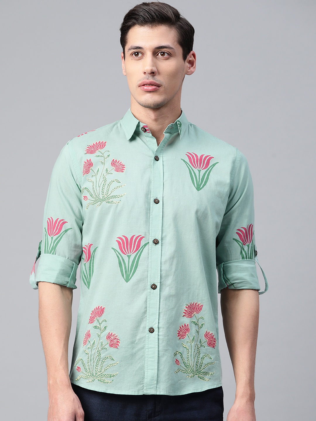 

Hatheli Men Green Floral Hand Block Printed Casual Shirt
