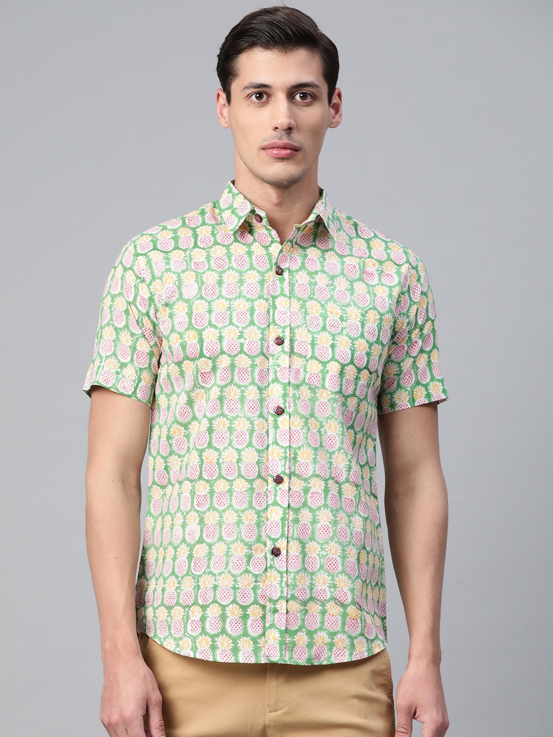 

Hatheli Men Green Hand Block Printed Casual Shirt