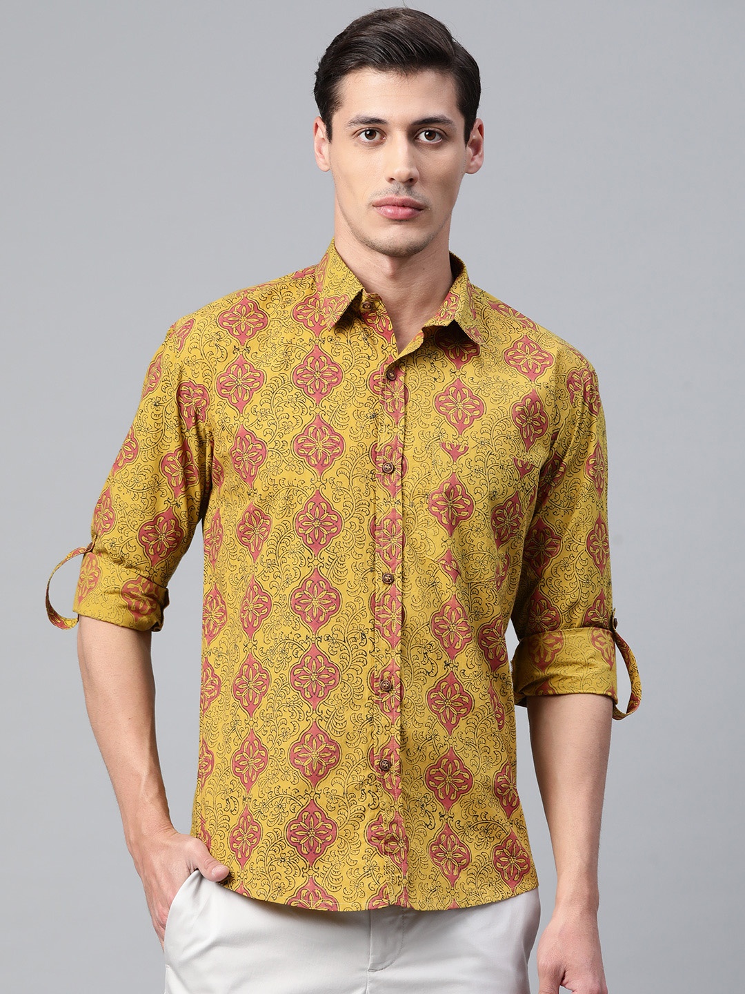 

Hatheli Men Mustard Yellow Ethnic Motif Hand Block Printed Casual Shirt