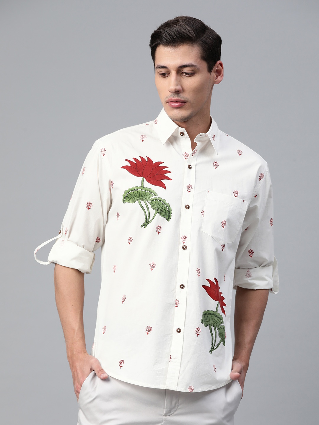 

Hatheli Men White Floral Hand Block Printed Casual Shirt