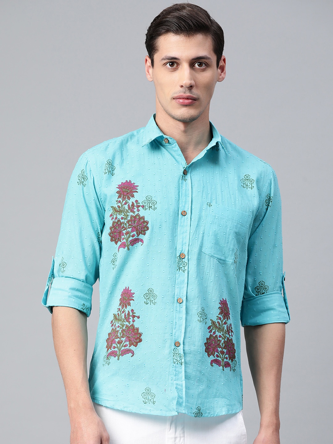 

Hatheli Men Blue Floral Hand Block Printed Casual Shirt