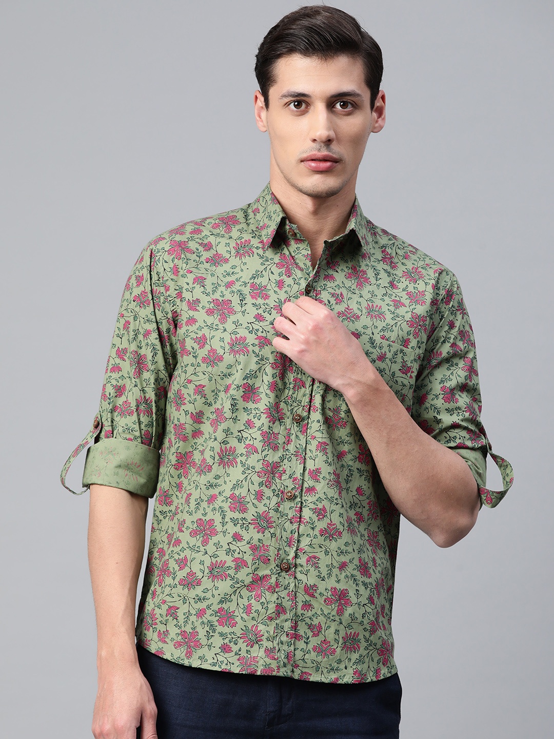 

Hatheli Men Green Floral Hand Block Printed Casual Shirt