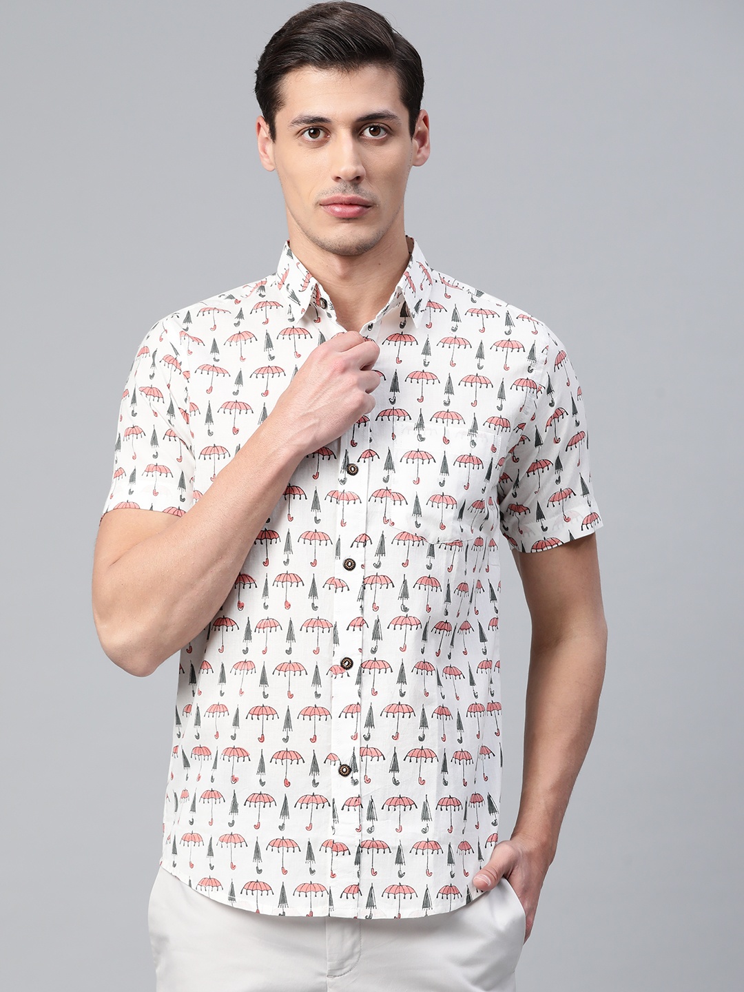 

Hatheli Men White Hand Block Printed Casual Shirt