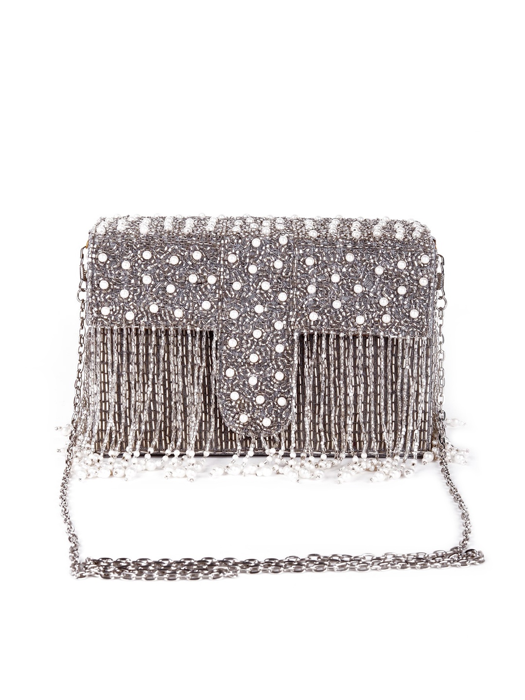 

ODETTE Silver-Toned Oversized Structured Sling Bag With Fringed