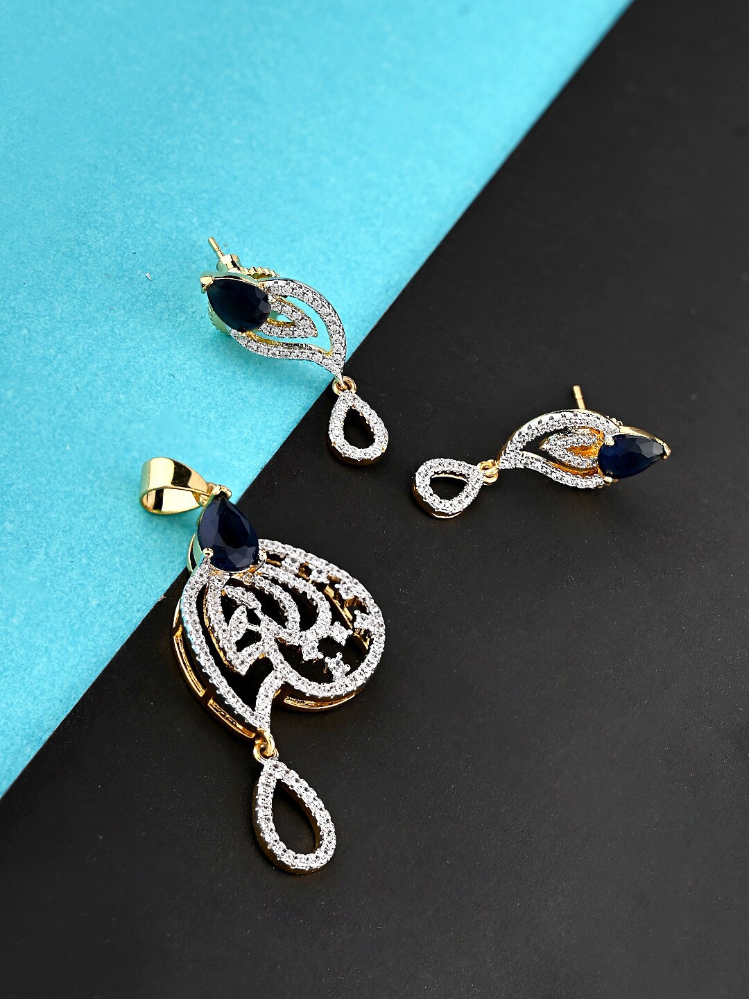 

Voylla Gold-Plated White & Navy Blue CZ-Studded Pendants With Earrings