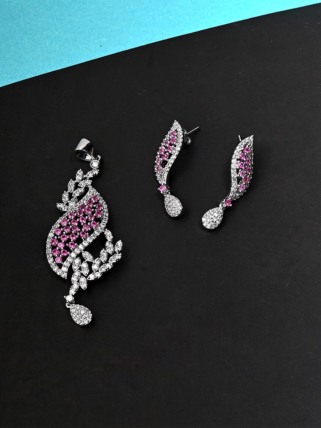 

Voylla Silver-Plated White & Pink CZ Stone Studded Jewellery Set