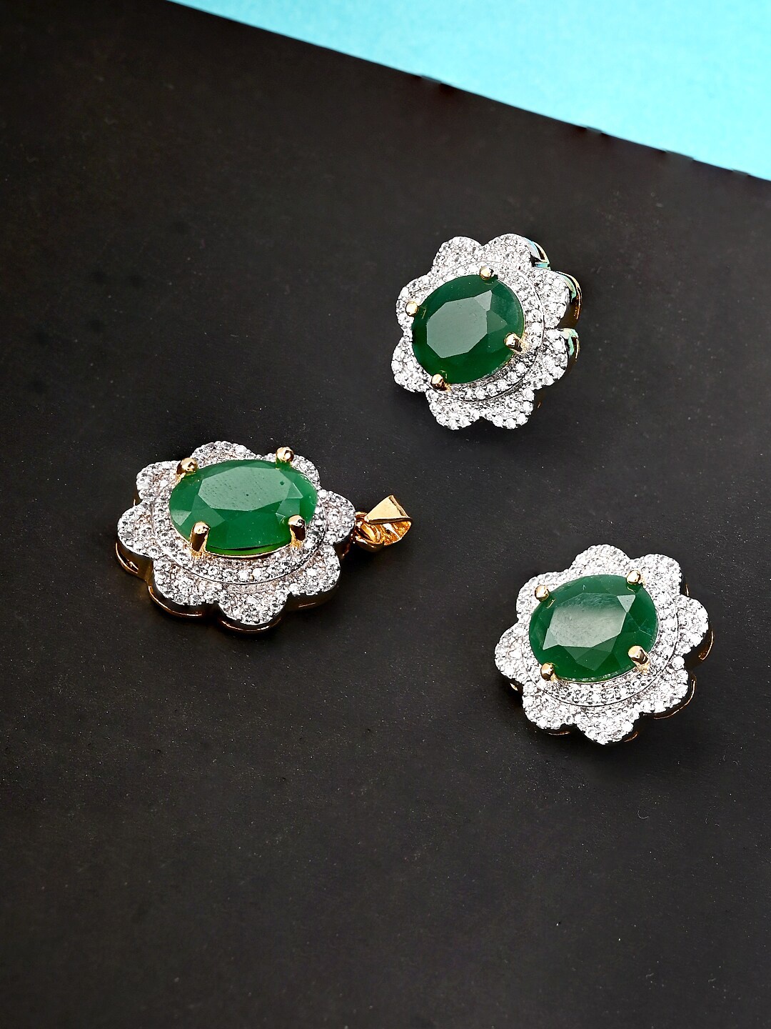 

Voylla Green & Gold-Toned CZ Pendant Set