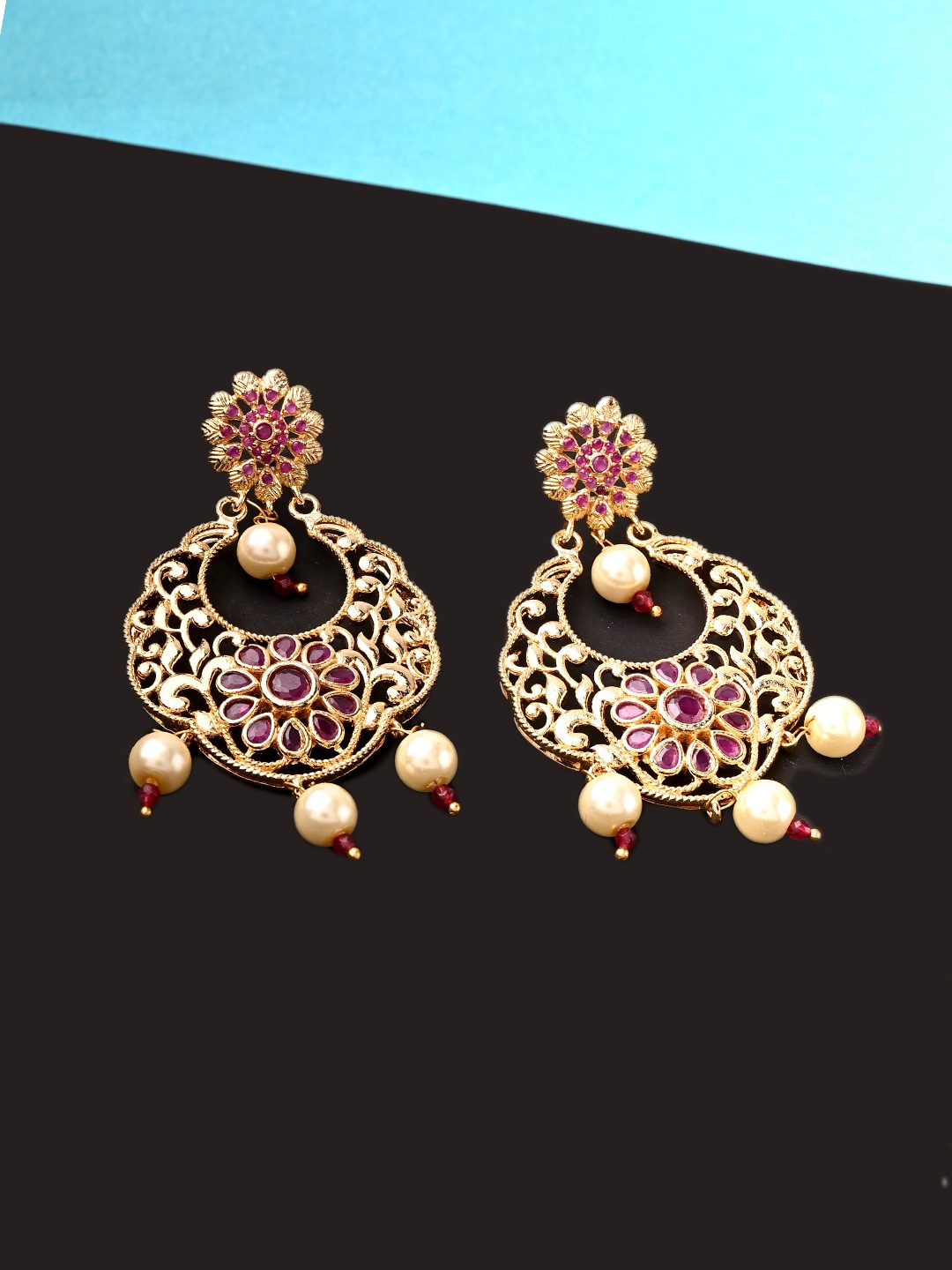 

Voylla Gold-Toned & Pink Crescent Shaped Chandbalis Earrings