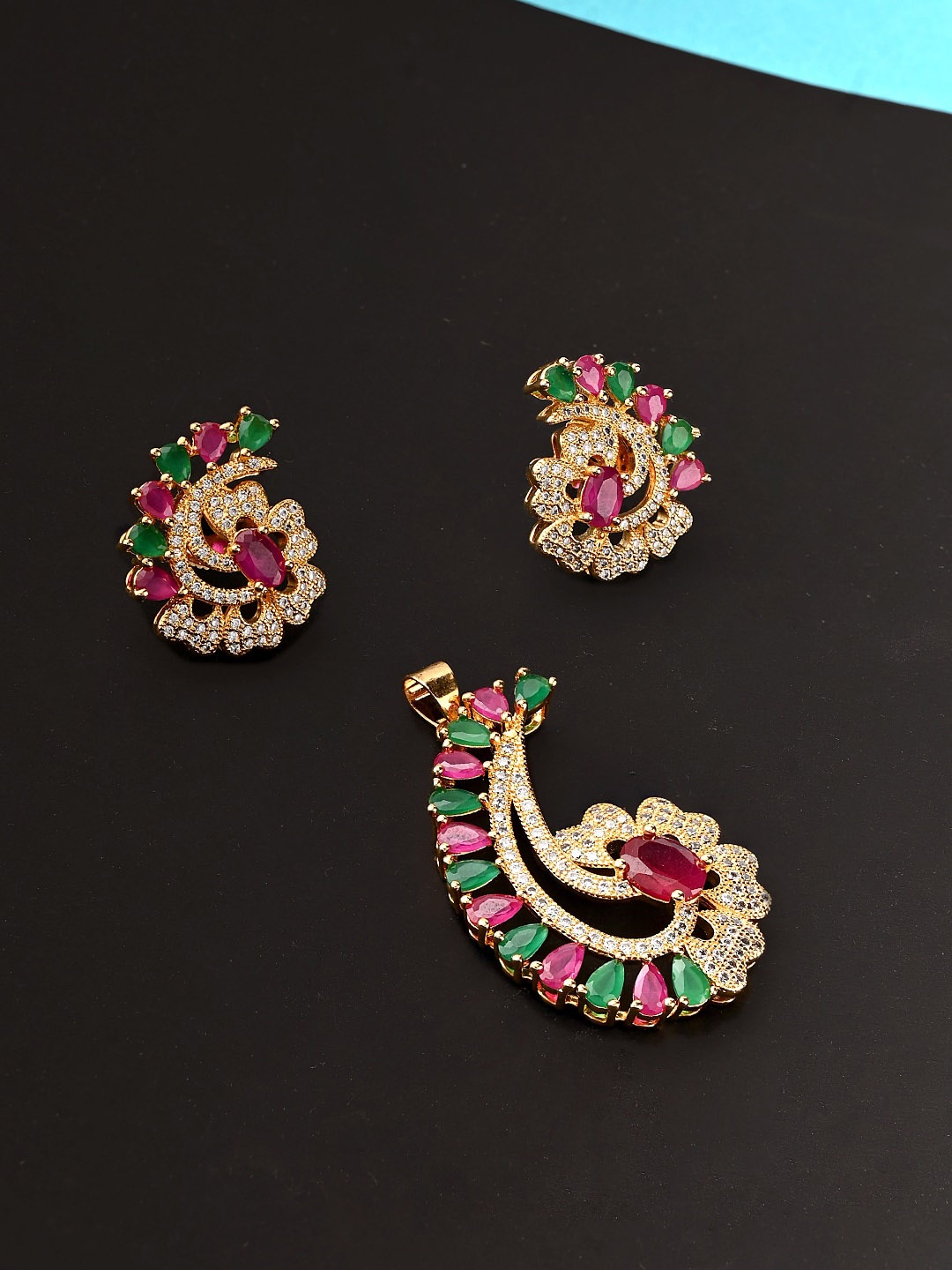 

Voylla Gold-Plated & Red Stone Studded Enamelled Pendant With Earrings