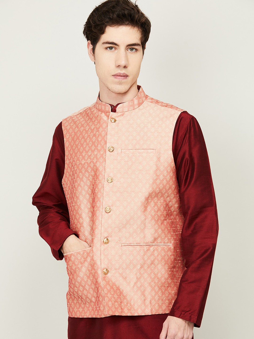 

Melange by Lifestyle Men Peach-Coloured Geometric Tailored Jacket