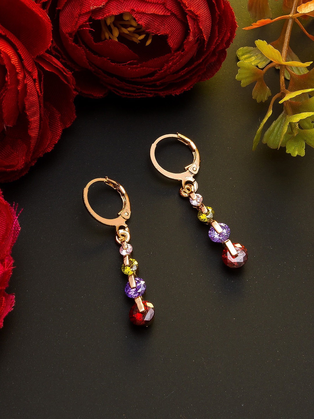 

aadita Rose Gold & Red Geometric Drop Earrings