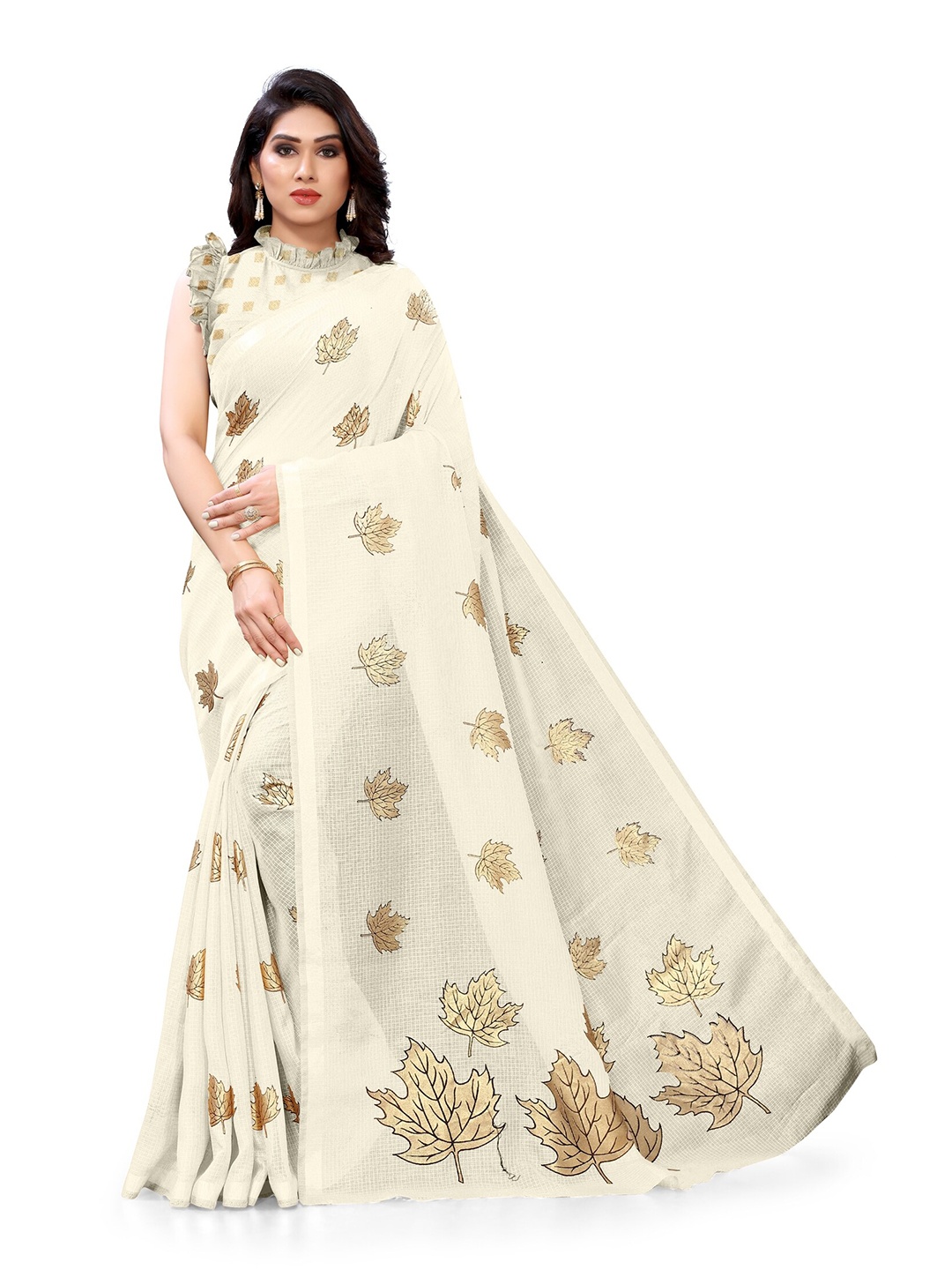 

KALINI Cream-Coloured & Gold-Toned Floral Block Print Saree