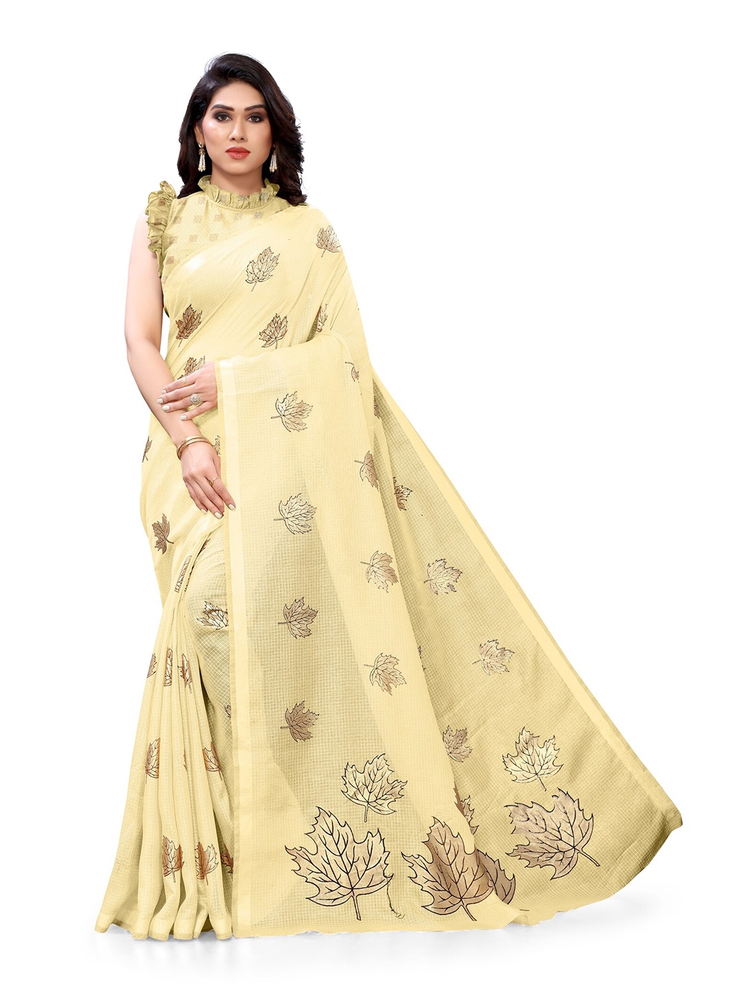 

KALINI Yellow & Gold-Toned Floral Block Print Saree
