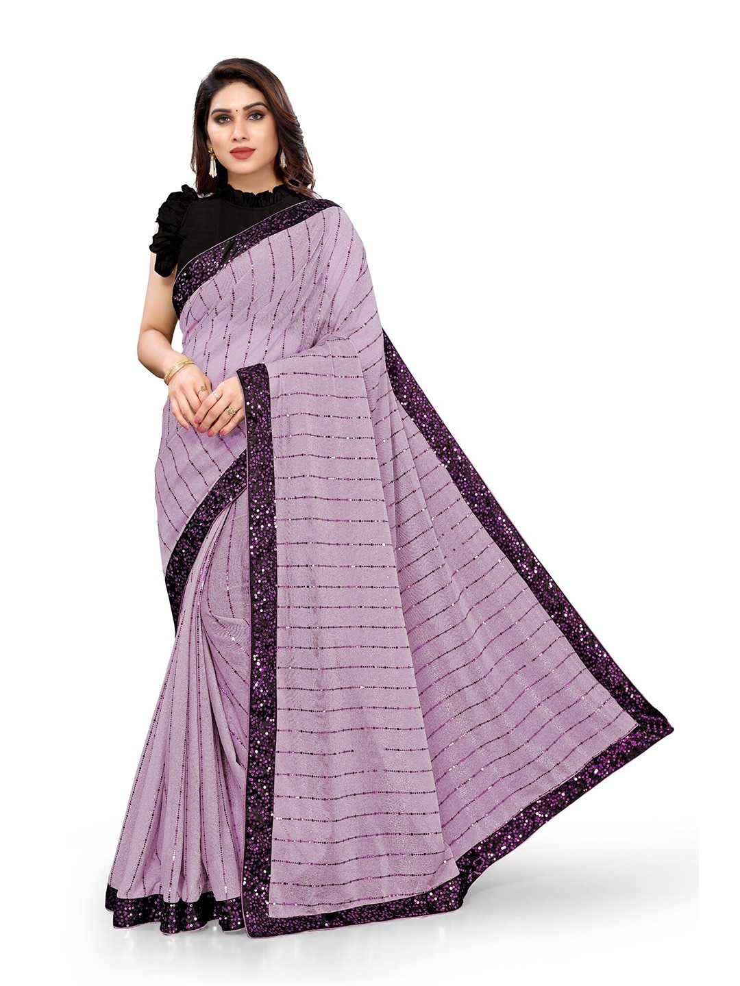 

MIRCHI FASHION Purple & Black Striped Sequinned Saree