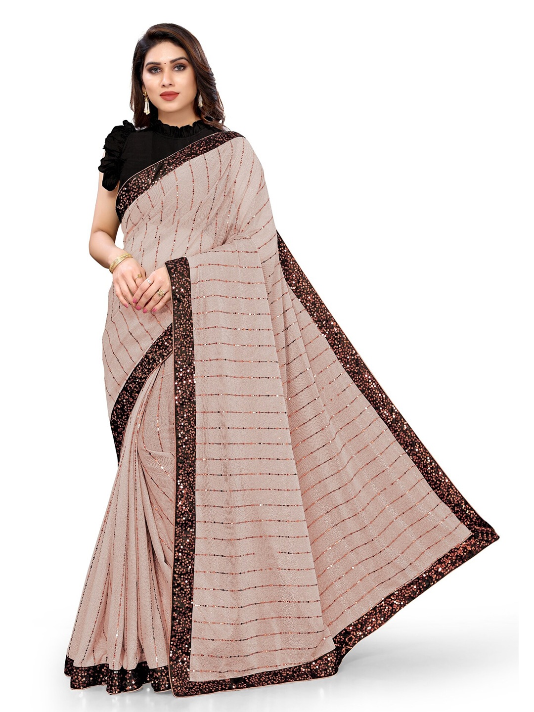 

KALINI Peach-Coloured & Black Embellished Sequinned Saree