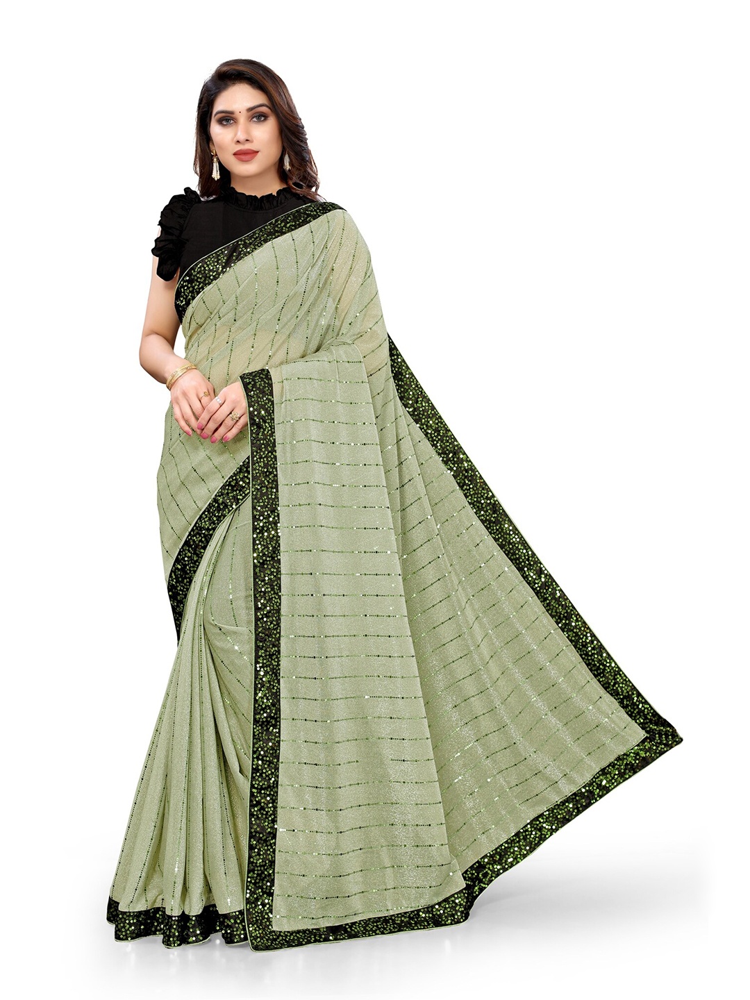 

MIRCHI FASHION Green Striped Sequinned Saree
