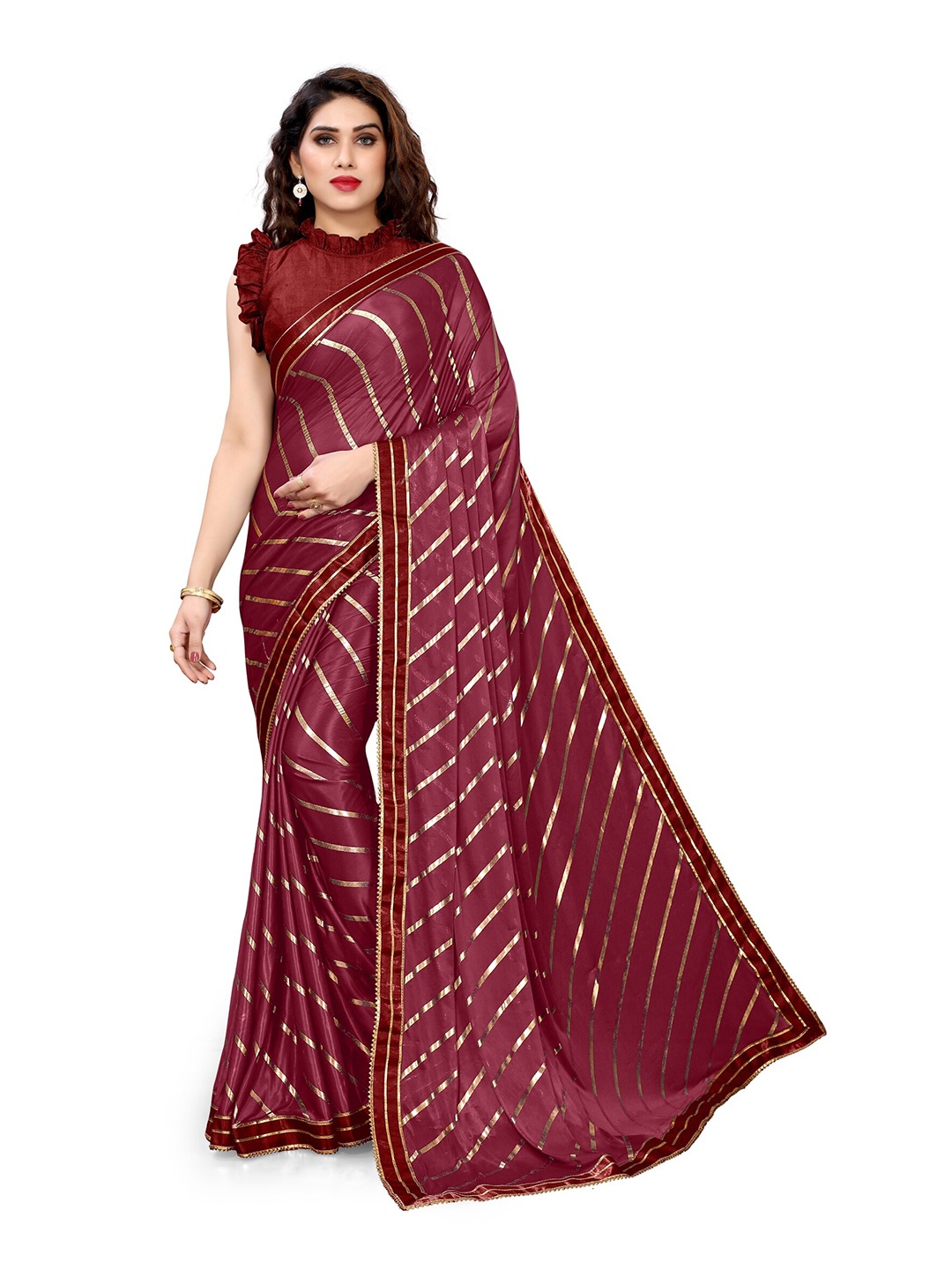 

KALINI Maroon & Gold Striped Gotta Patti Saree