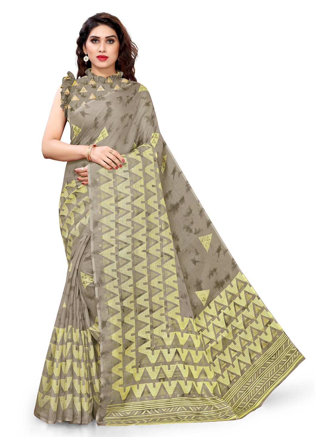 

KALINI Green & Gold-Toned Block Print Saree