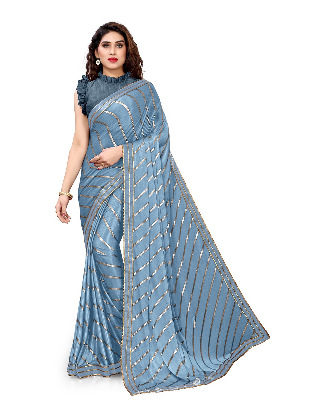 

KALINI Grey & Gold-Coloured Striped Gotta Patti Saree