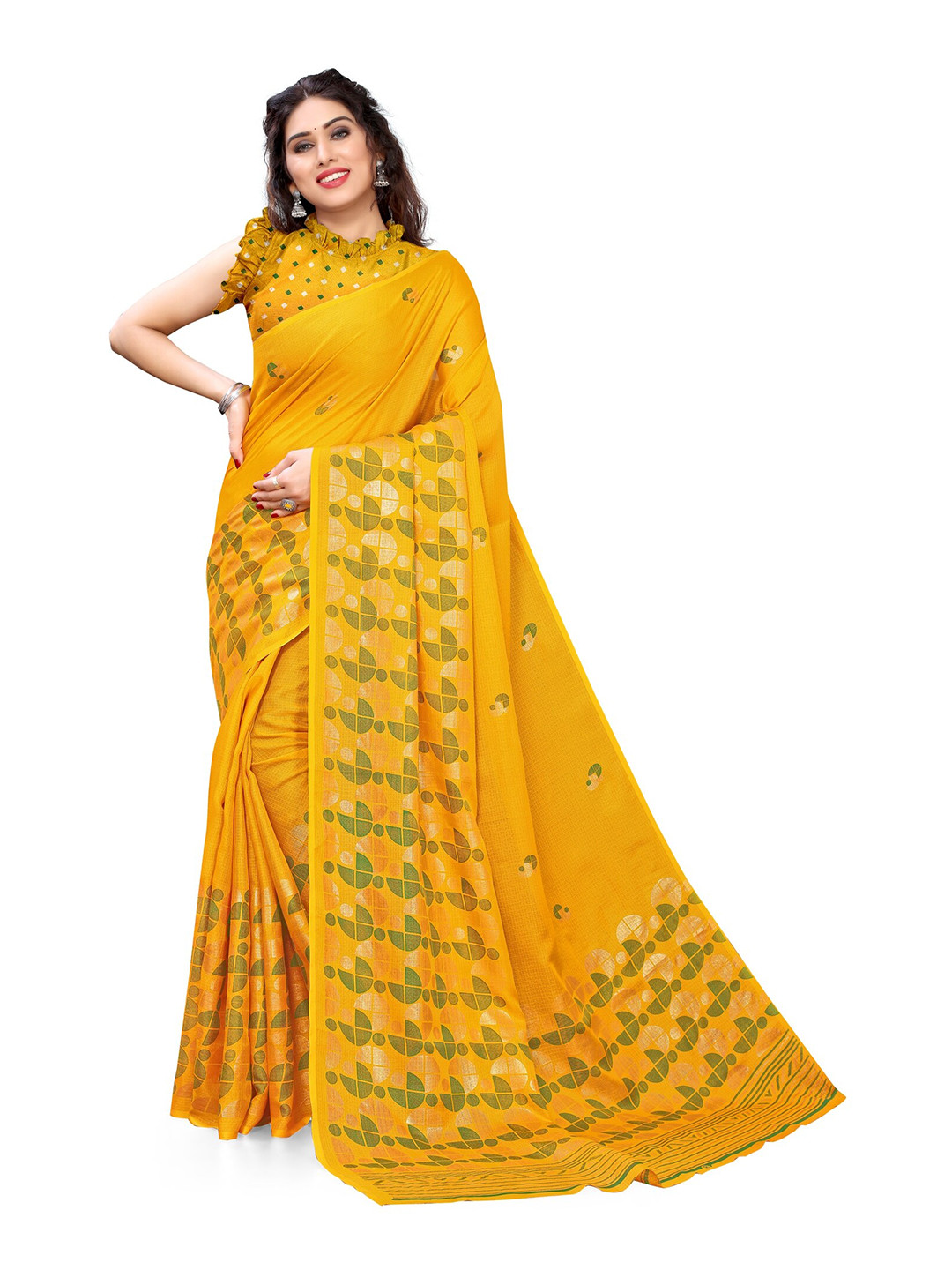 

KALINI Mustard & Green Block Print Saree