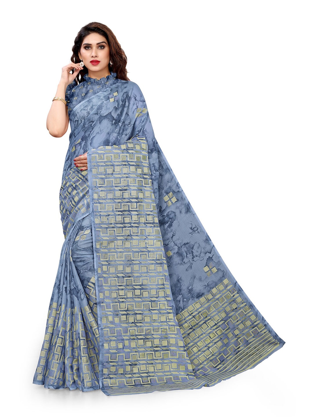 

KALINI Grey & Gold-Toned Block Print Saree