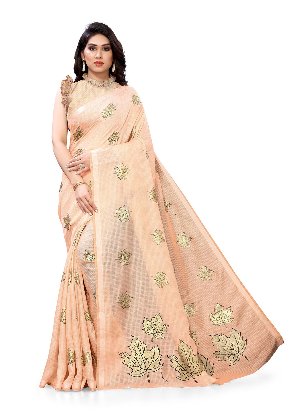 

KALINI Peach-Coloured & Yellow Floral Printed Print Cotton Saree
