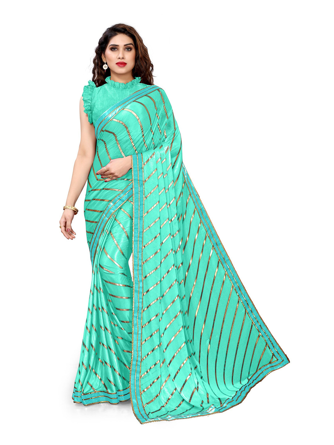 

KALINI Green & Gold-Toned Striped Gotta Patti Leheriya Saree