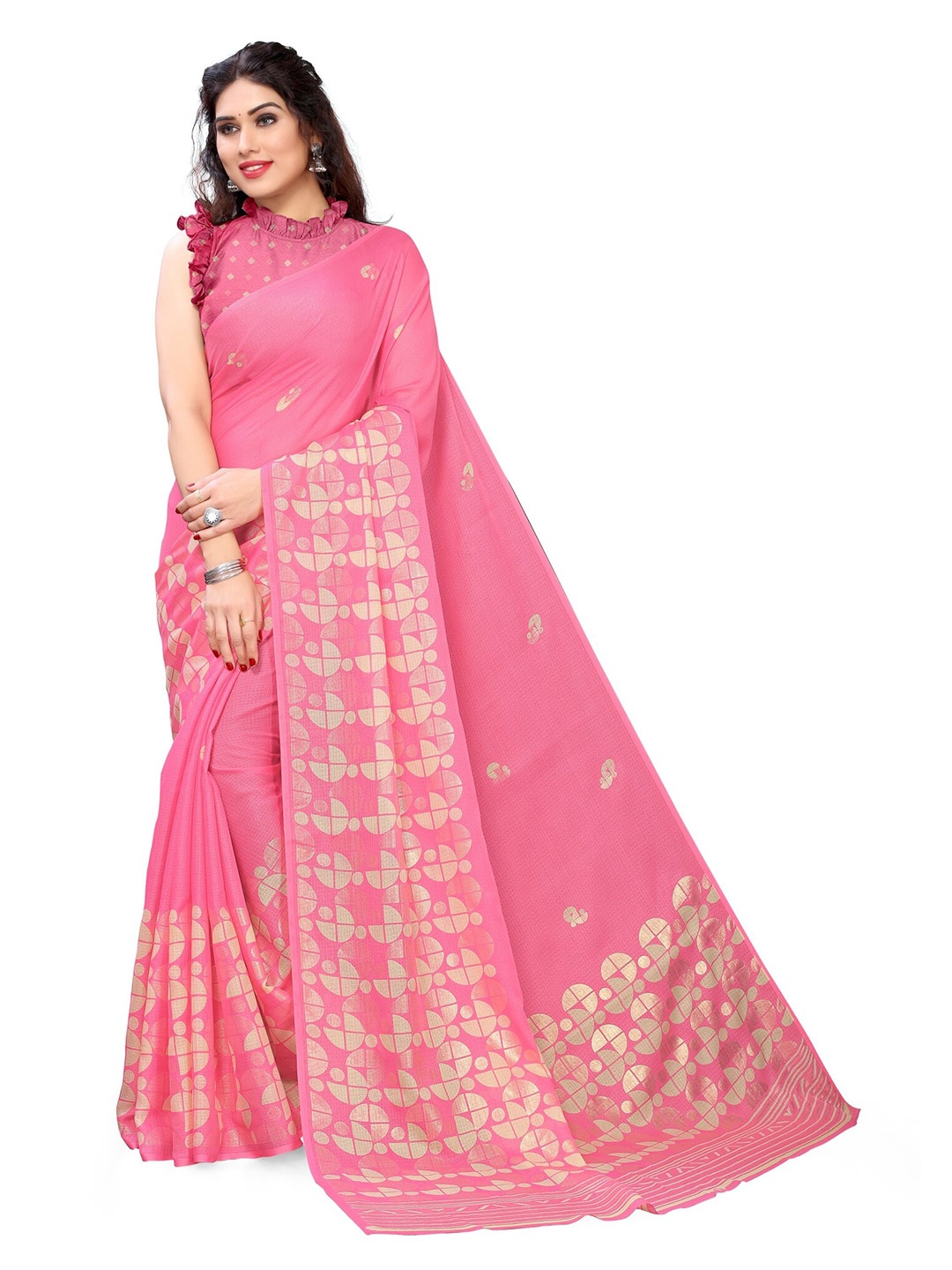 

KALINI Pink & Gold-Toned Block Print Saree