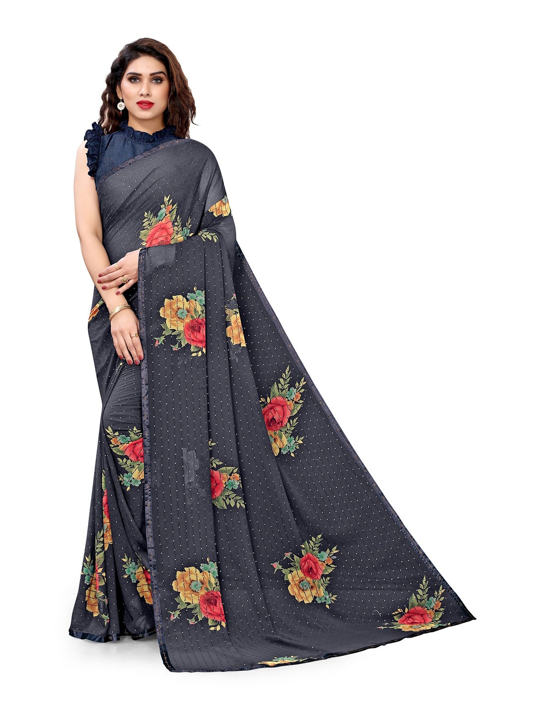 

KALINI Black & Multicoloured Floral Sequinned Bagh Saree