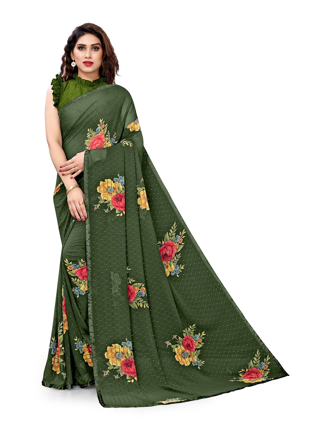 

KALINI Green & Pink Floral Sequinned Bagh Saree