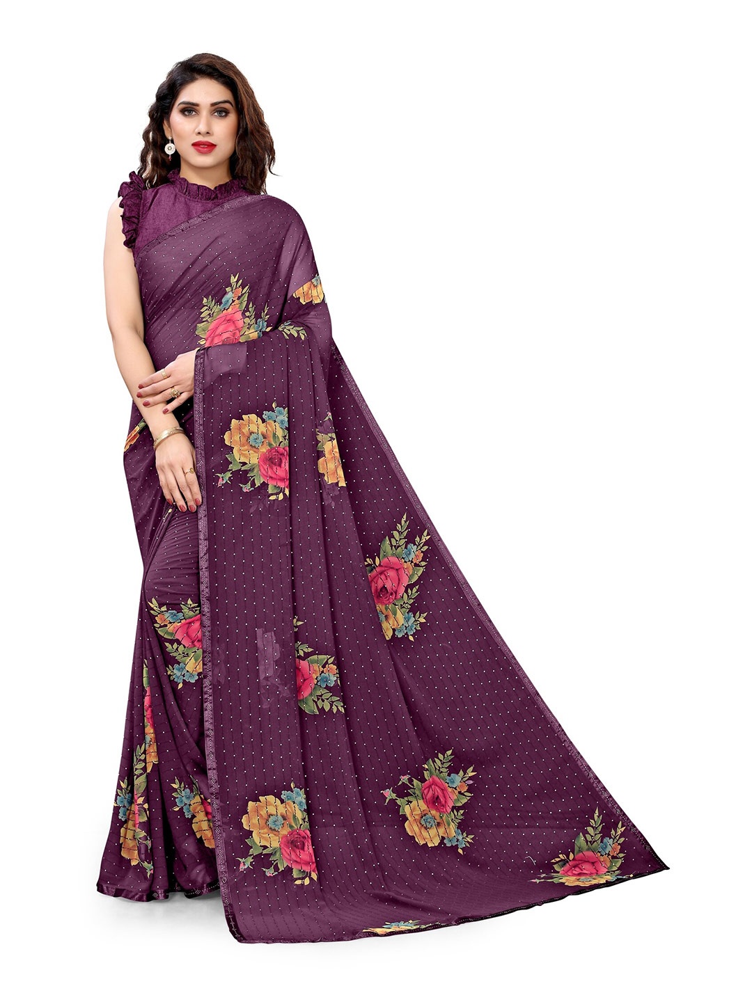 

KALINI Purple Floral Sequinned Bagh Saree