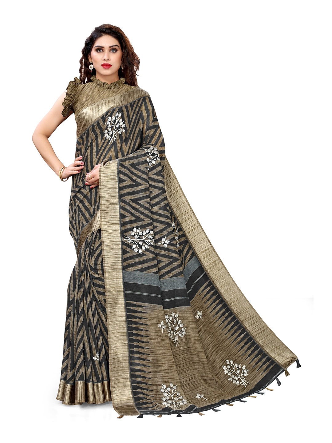 

KALINI Black & Brown Ethnic Motifs Embroidered Saree