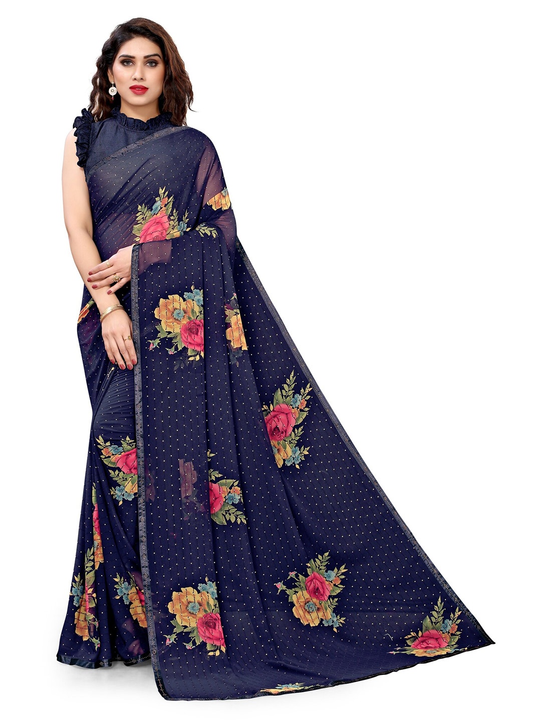 

KALINI Navy Blue & Pink Floral Sequinned Bagh Saree