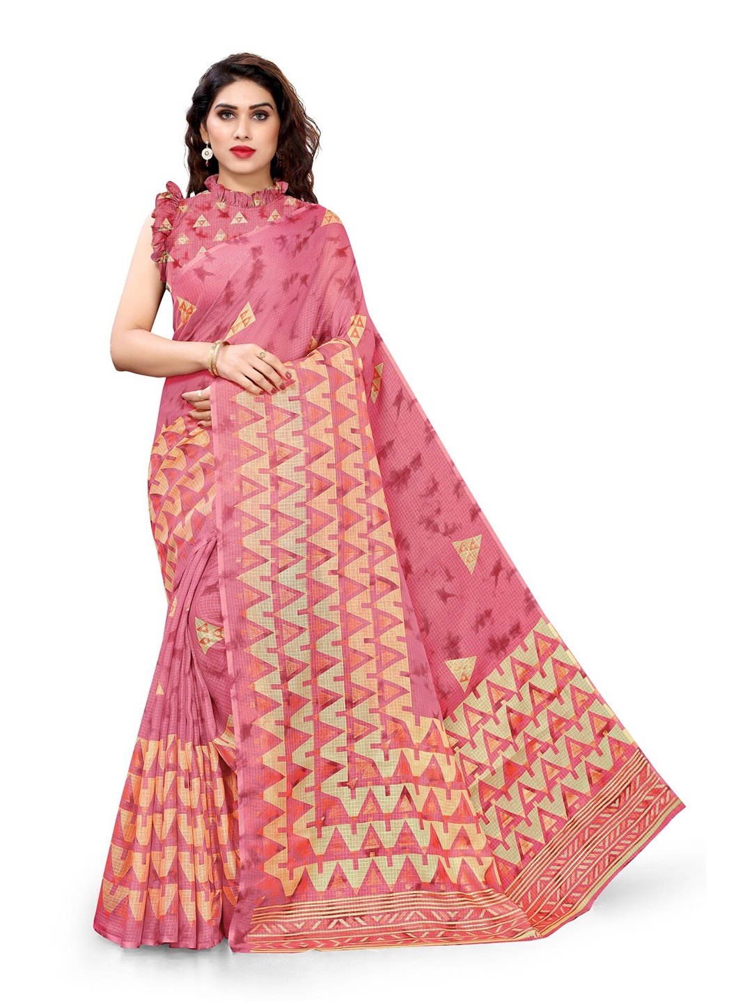 

KALINI Pink & Beige Block Print Saree