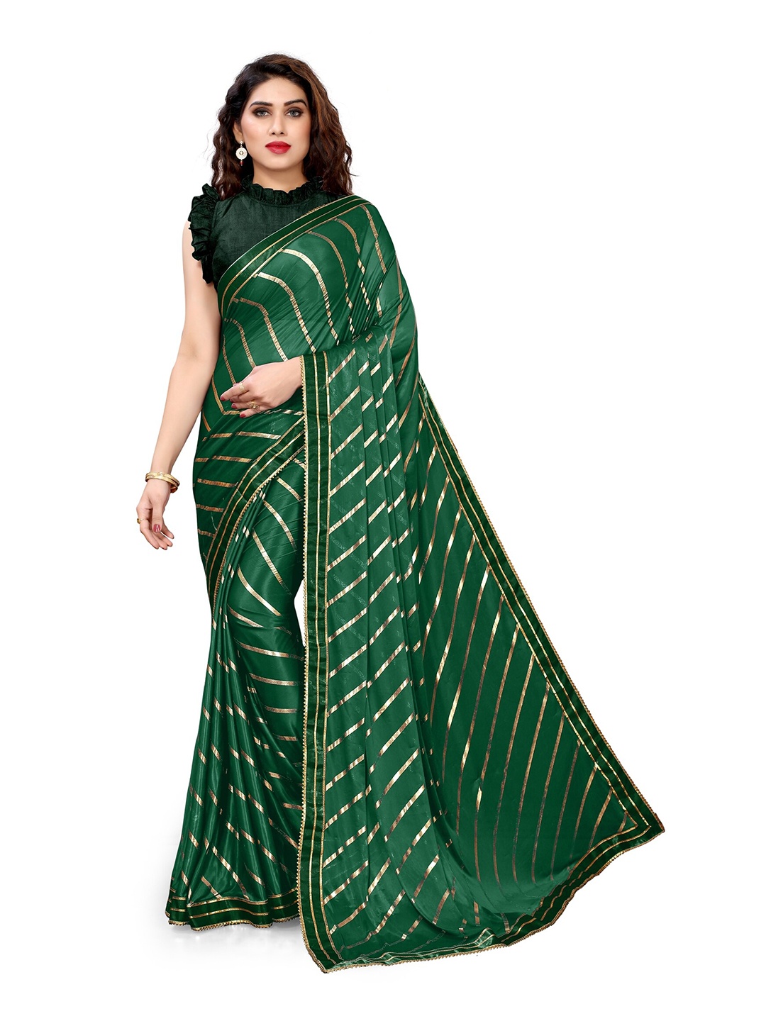 

KALINI Green & Gold-Coloured Striped Gotta Patti Saree