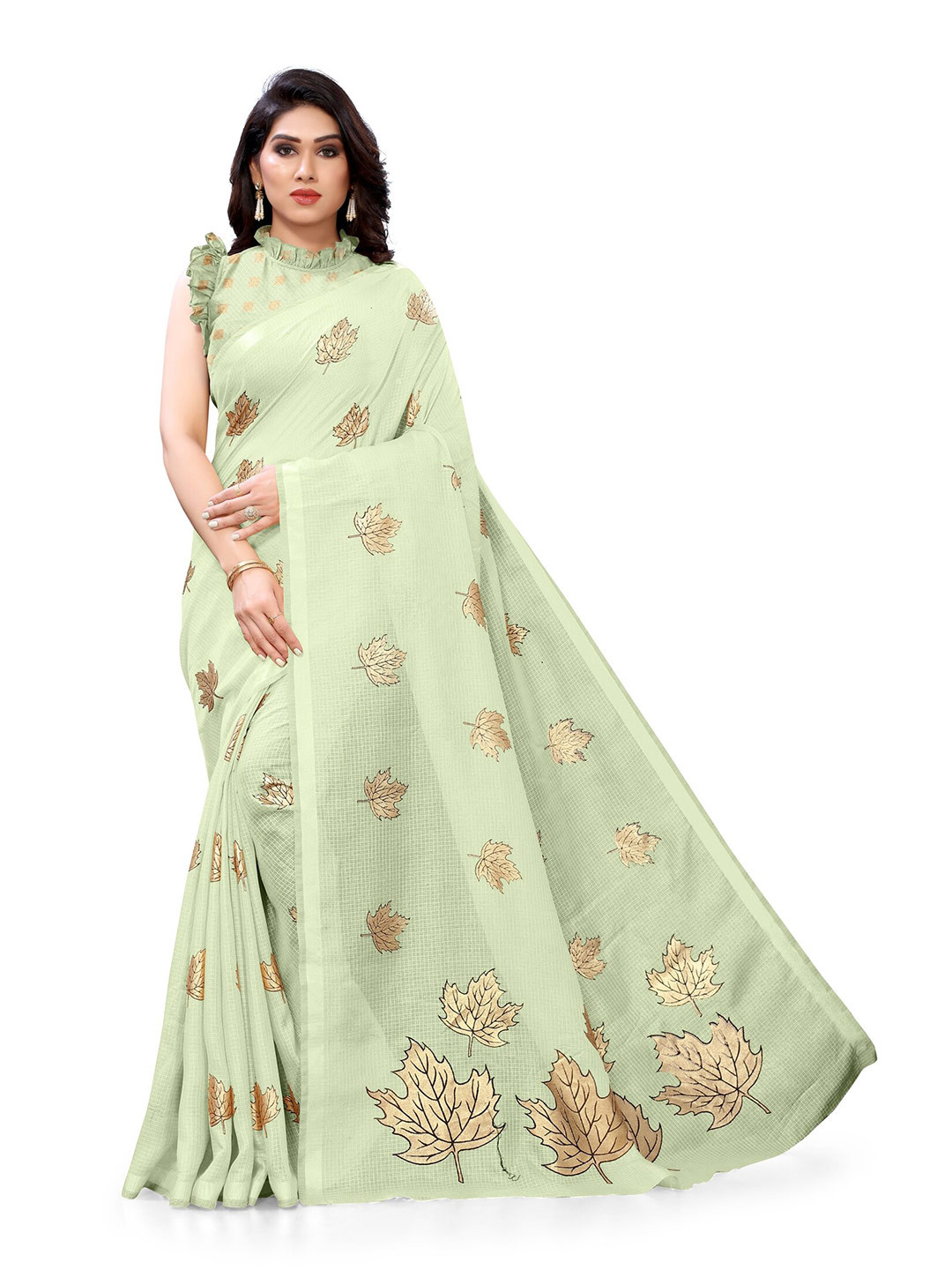 

KALINI Green & Gold-Toned Floral Block Print Saree